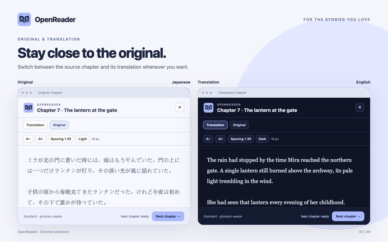 OpenReader showing the original chapter and the translation side by side
